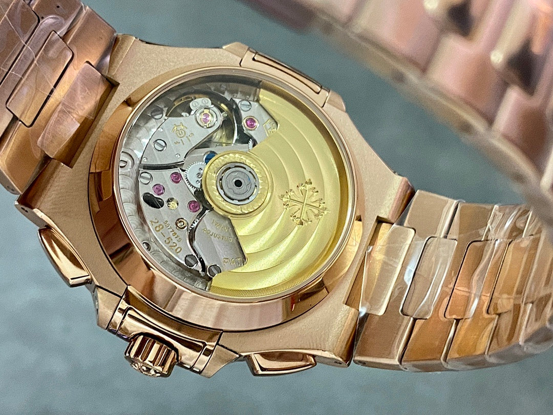 Patek Philippe watch open caseback view with mechanical movement inside