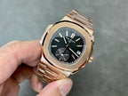 Patek Philippe watch angled view with rose-gold case, dark dial, and metal bracelet