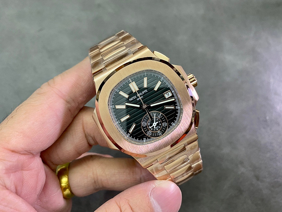 Patek Philippe watch angled view with rose-gold tone case and dark multi-dial face