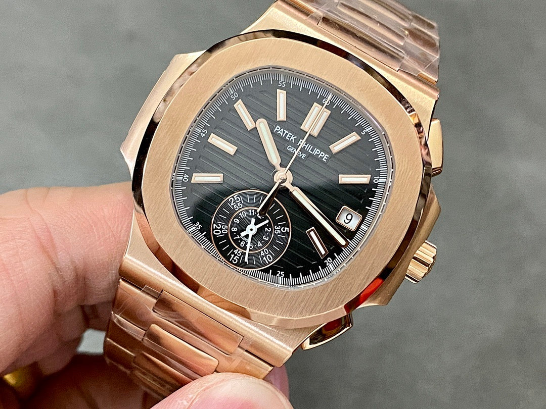 Patek Philippe watch with rose-gold tone case, dark dial, and metal link bracelet