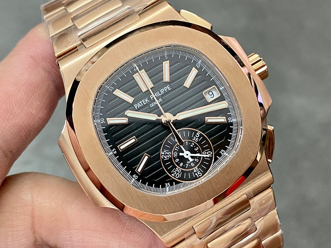 Patek Philippe watch close-up with rose-gold bezel, dark dial, and metal bracelet links