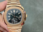 Patek Philippe watch front view with rose-gold case, dark dial, and metal link bracelet