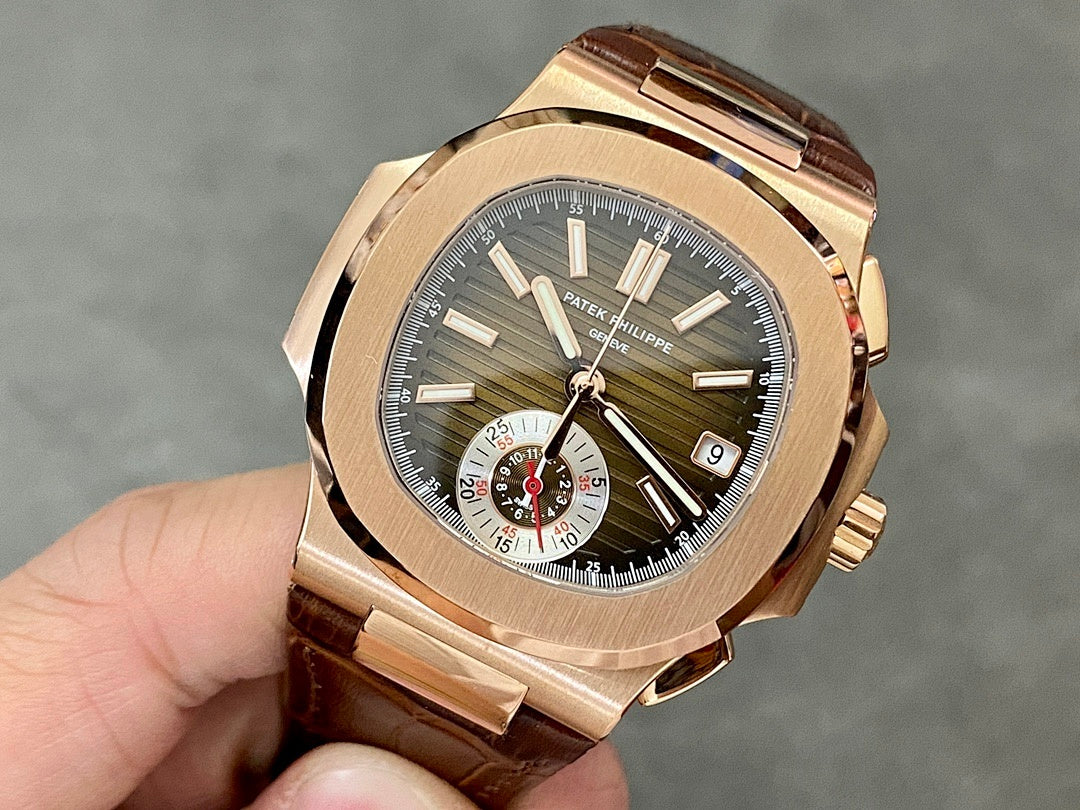 Rose-gold sport watch with dark olive dial, chronograph subdials, brown leather strap