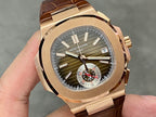 Rose-gold chronograph watch with olive dial, subdials, and brown leather strap
