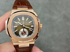 Rose-gold chronograph watch with olive dial, date window, brown leather strap