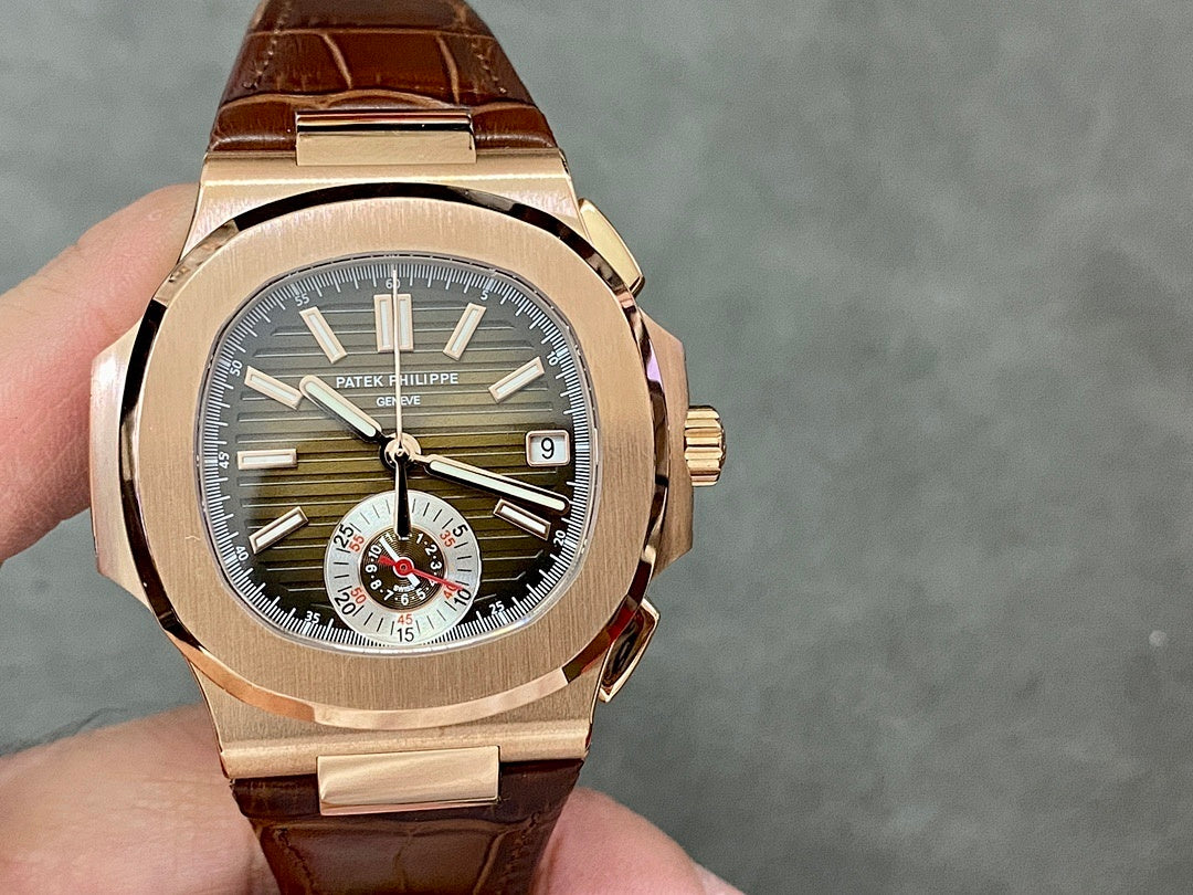 Rose-gold chronograph watch with olive dial, date window, brown leather strap