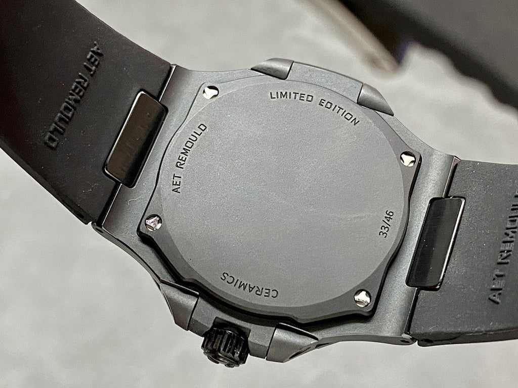 Wristwatch caseback with screws and engraved text, including “LIMITED EDITION”