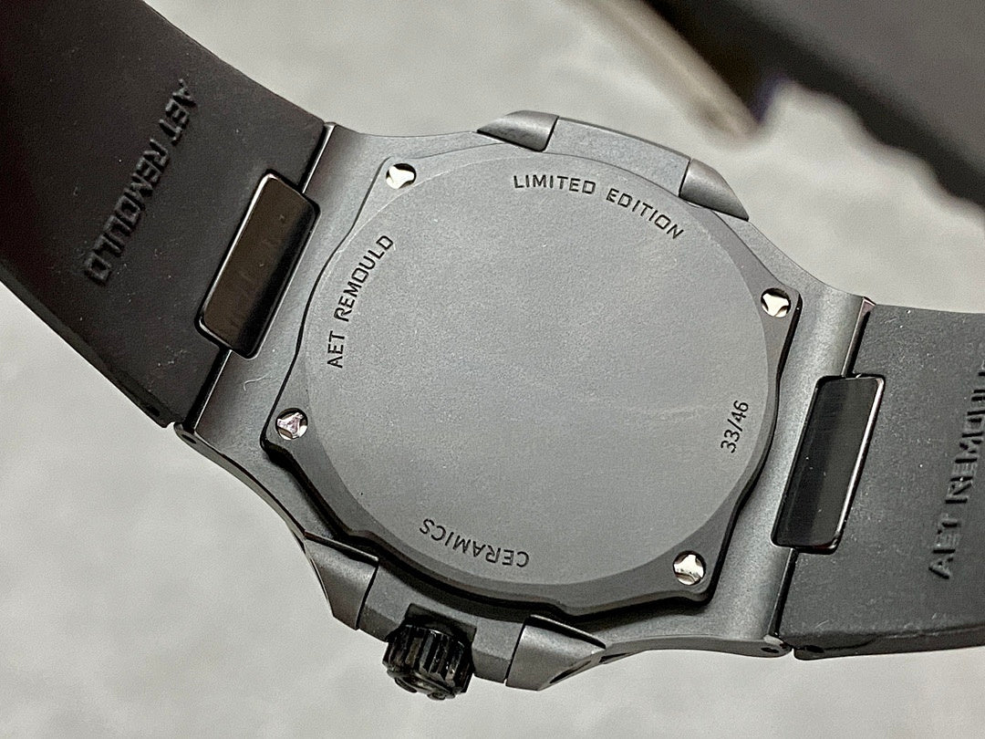 Wristwatch caseback with screws and engraved text, including “LIMITED EDITION”