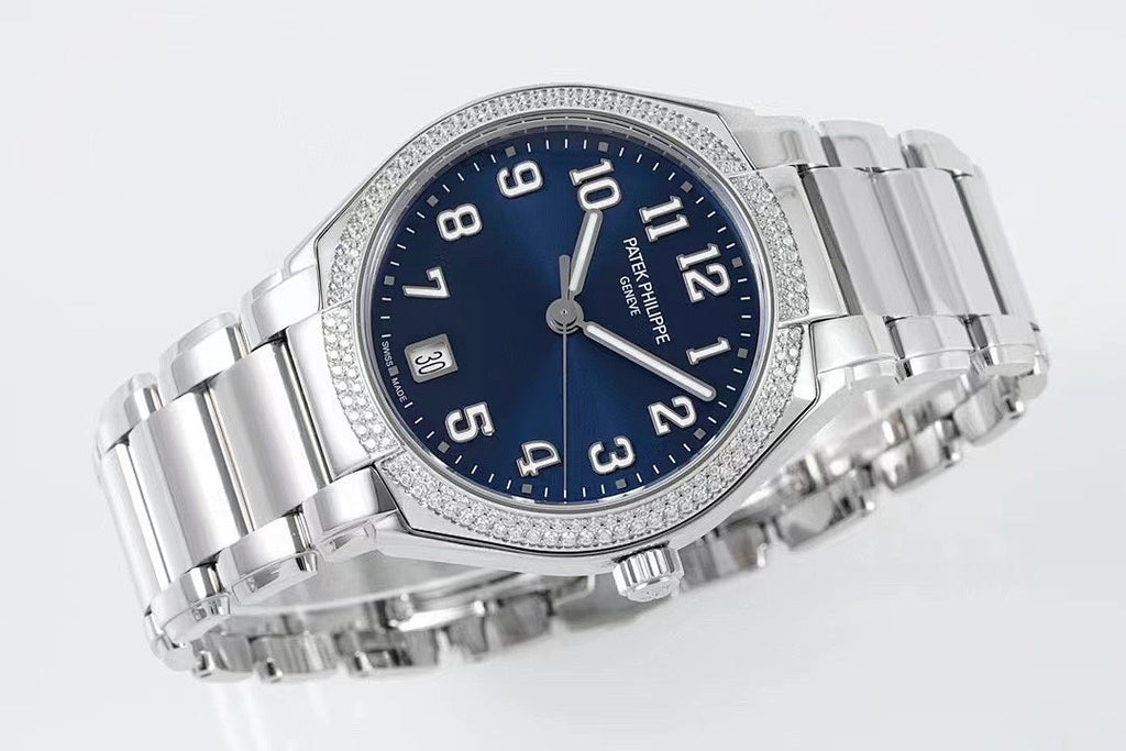 Stainless steel wristwatch with blue dial and diamond-set bezel