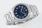 Stainless steel wristwatch with blue dial and diamond-set bezel