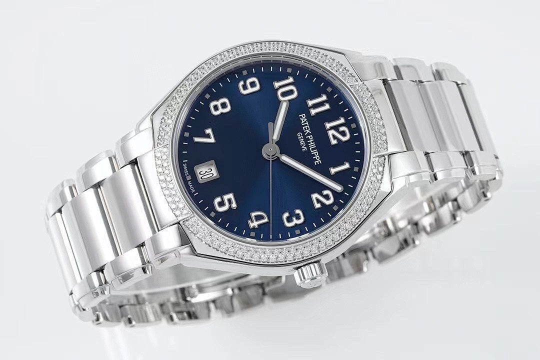 Stainless steel wristwatch with blue dial and diamond-set bezel