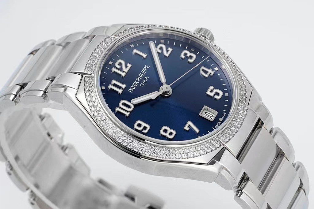 Diamond-set bezel stainless steel wristwatch with blue dial and metal bracelet