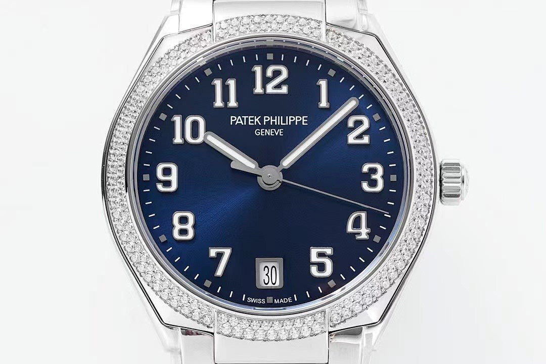 Patek Philippe Geneve wristwatch with blue dial, diamond bezel, date window