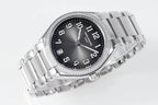 Diamond bezel steel wristwatch angled view with dark dial, Arabic numerals, and metal bracelet