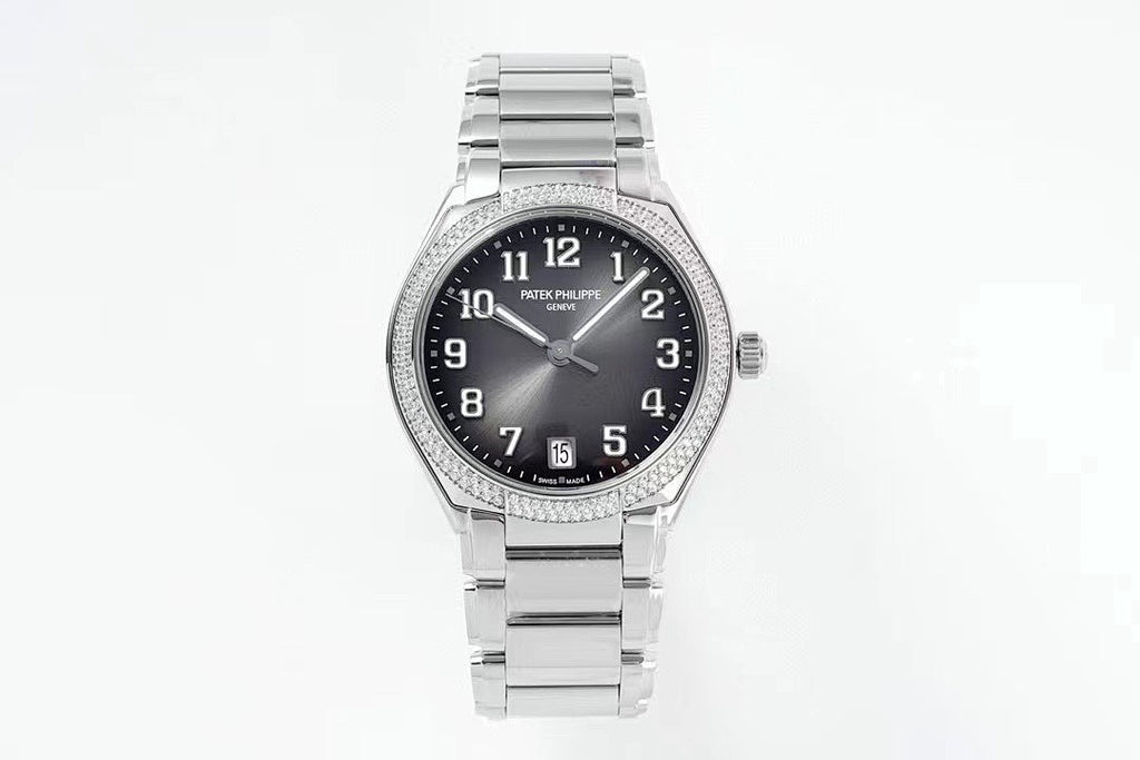Steel wristwatch with diamond bezel, dark dial, date window, and matching metal bracelet