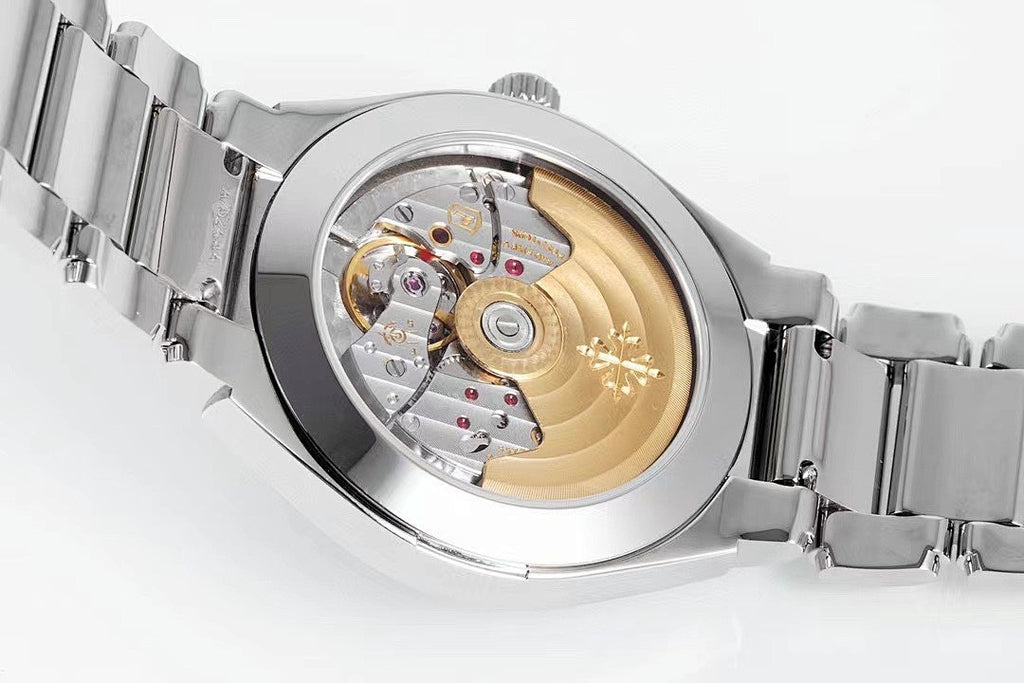 Men's steel wristwatch with visible automatic movement through glass caseback