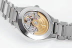 Men's steel wristwatch with visible automatic movement through glass caseback