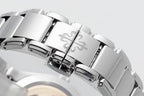 Steel watch bracelet with engraved links and polished clasp