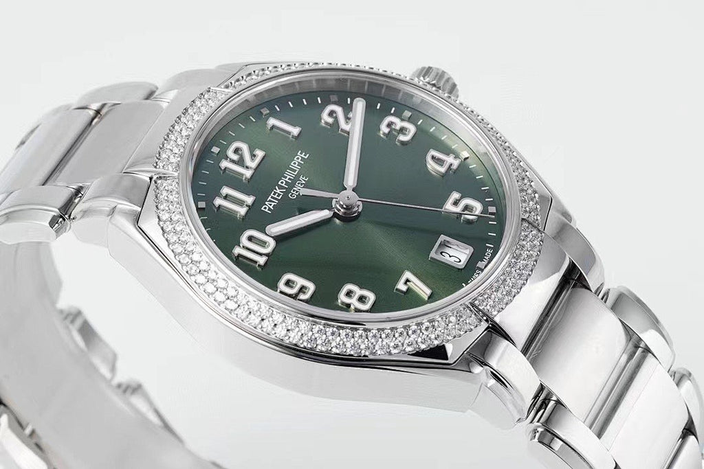 Men's steel wristwatch with green dial, diamond bezel, and baton hands