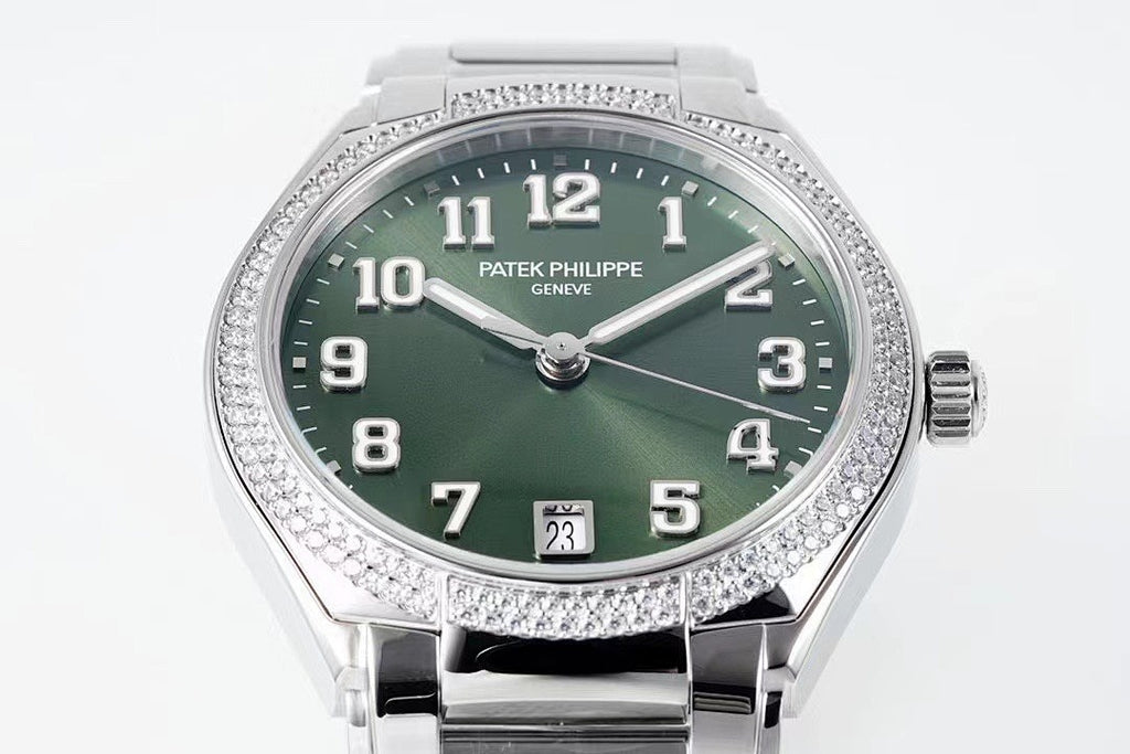 Men's steel wristwatch with green dial, diamond bezel, and date window