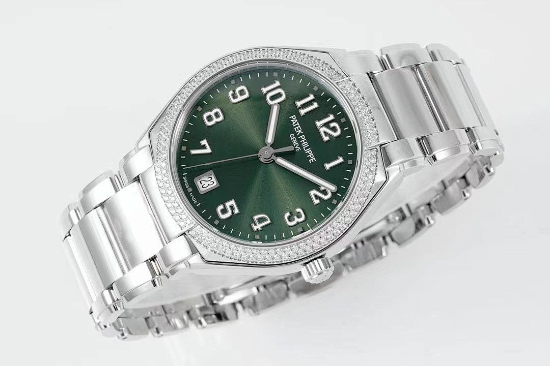 Men's steel wristwatch with green dial and diamond bezel, metal bracelet