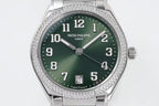 Men's steel wristwatch with green dial, diamond bezel, and date display