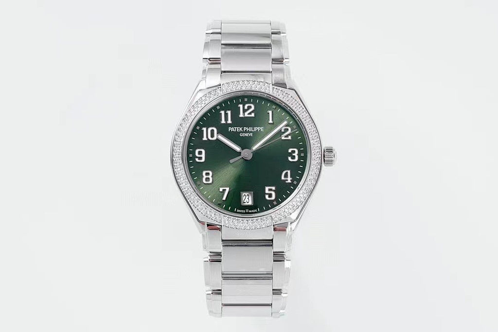 Men's steel wristwatch with green dial, diamond bezel, and stainless bracelet