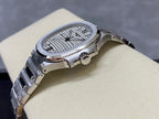 Stainless steel wristwatch with silver dial and crown side detail