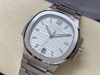 Stainless steel wristwatch with silver striped dial and metal bracelet