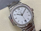 Stainless steel wristwatch with silver striped dial and hour markers