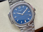 Steel wristwatch with blue sunburst dial, baton markers, and date at 27