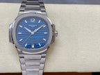 Blue dial steel wristwatch with silver hands, baton markers, and date window