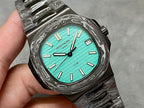 Patek Philippe watch close-up turquoise dial hour markers black textured case