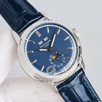 Patek Philippe watch with blue dial, silver case, and navy leather strap, moonphase