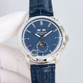 Patek Philippe watch with blue dial, silver bezel, and navy leather strap