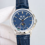 Patek Philippe watch with blue dial, silver bezel, and navy leather strap