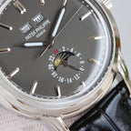 Patek Philippe wristwatch close-up: black dial with luminous markers and subdial