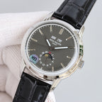Patek Philippe wristwatch with black dial, silver case, and black leather strap
