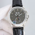 Patek Philippe wristwatch with black dial, silver case, and black leather strap