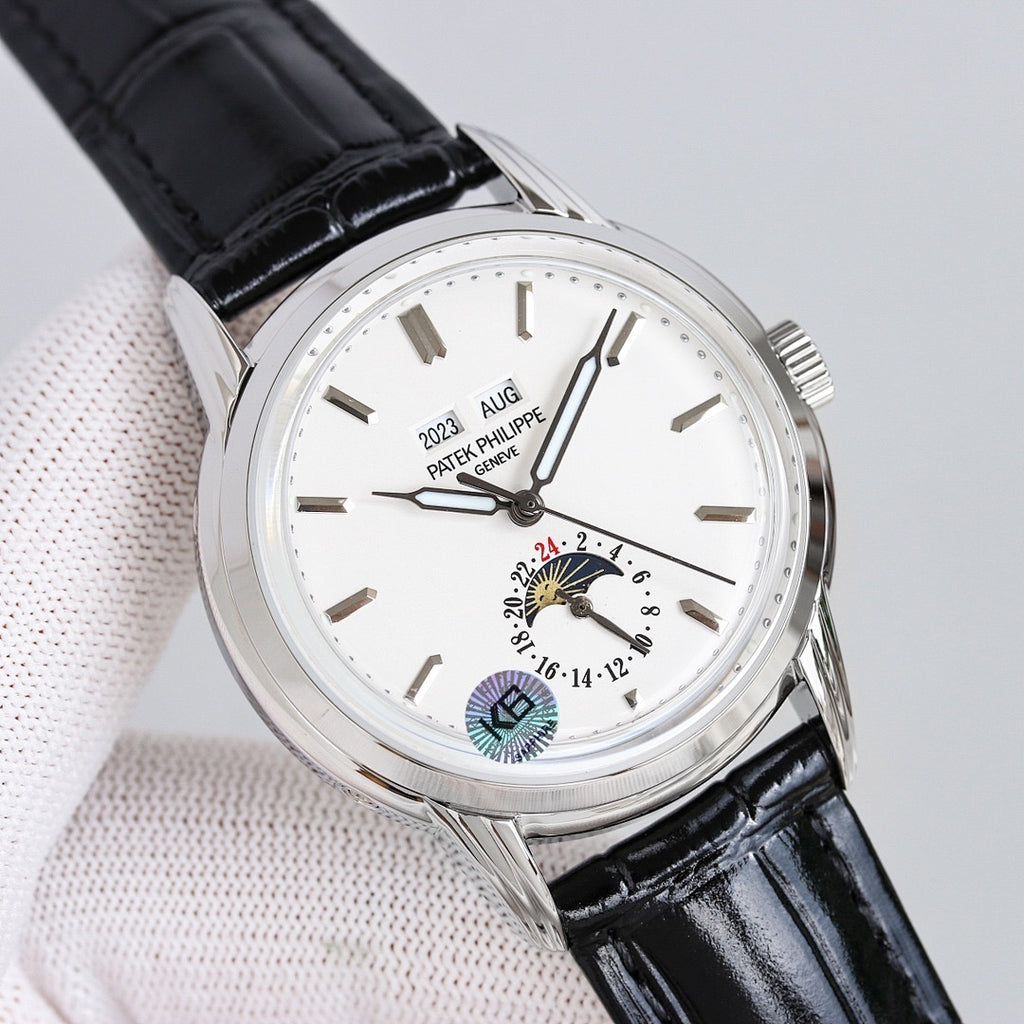 Patek Philippe watch angled view with white dial, black leather strap, silver case
