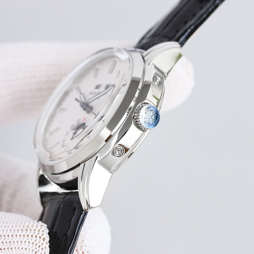Patek Philippe watch side profile with black leather strap and silver crown hardware