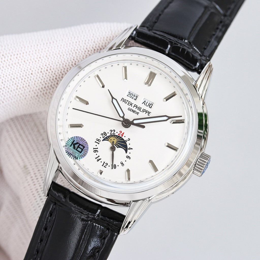 Patek Philippe watch with white dial, black leather strap, silver case, baton hour marks