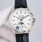 Patek Philippe watch front view with white dial, black leather strap, silver case