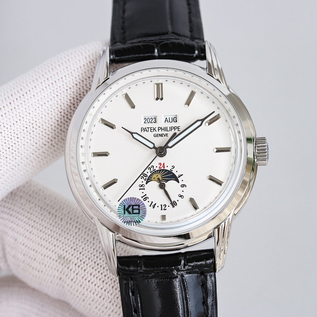 Patek Philippe watch front view with white dial, black leather strap, silver case