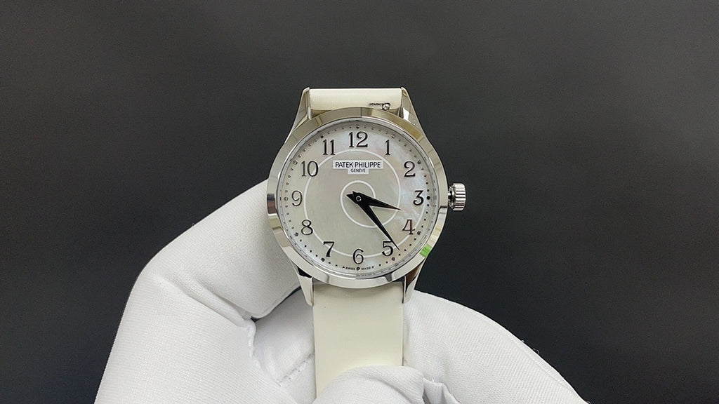 Wristwatch front view with silver dial, black hands, and light leather strap