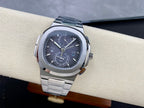 Stainless steel Patek Philippe wristwatch with black dial and subdial at 6 o'clock.