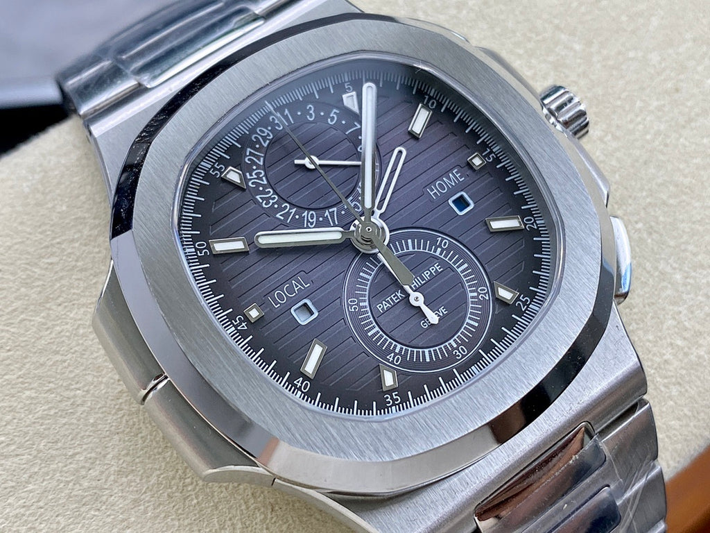 Stainless steel Patek Philippe wristwatch front, black dial with dual-time subdial.
