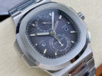 Stainless steel Patek Philippe wristwatch front, black dial with dual-time subdial.