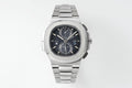 Stainless steel wristwatch with black dial, integrated bracelet, three subdials