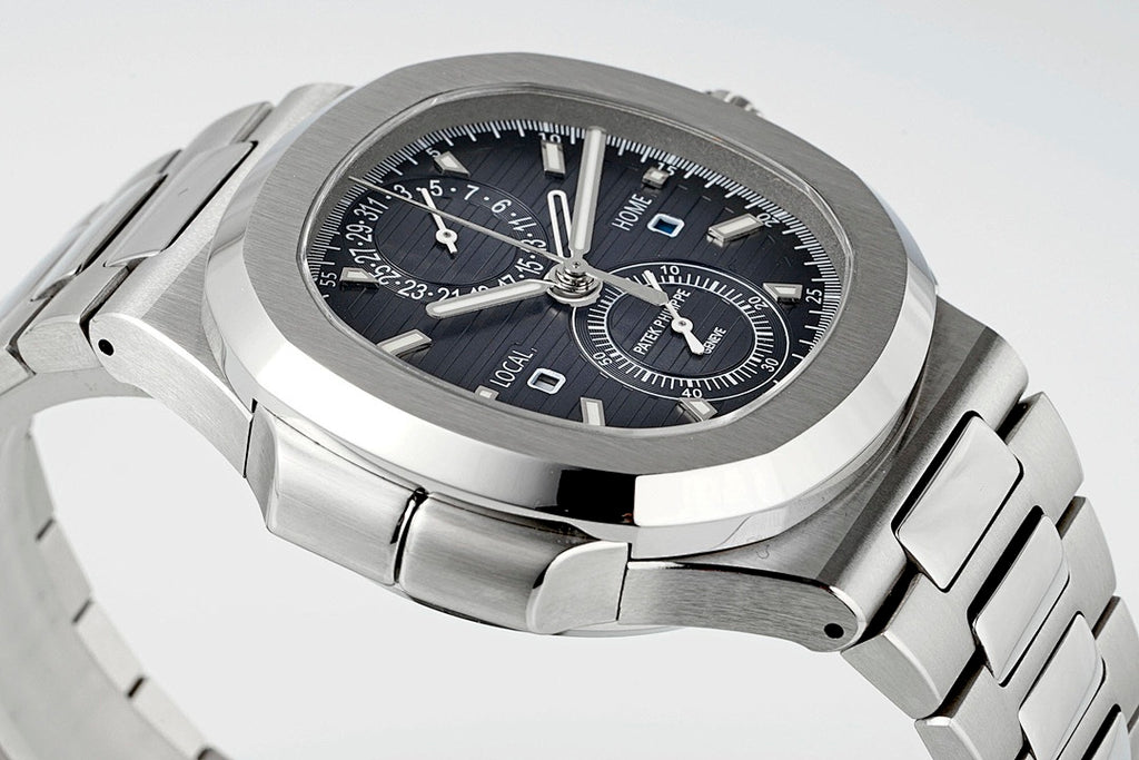 Stainless steel wristwatch with black dial and subdials, angled view with bracelet